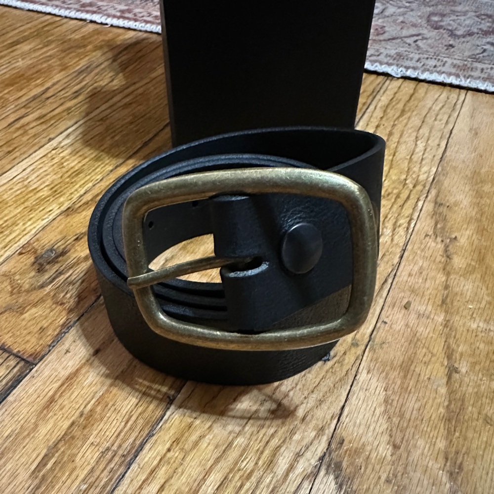 Black Leather Belt with Gold Brass Rounded Square Buckle, Size 32